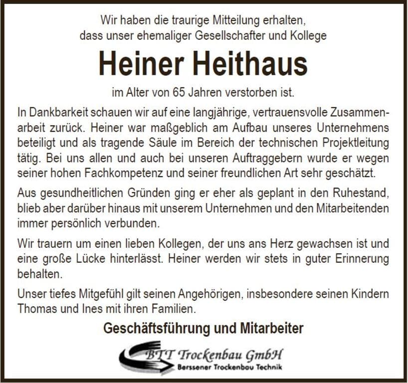 Nachruf Heiner Heithaus